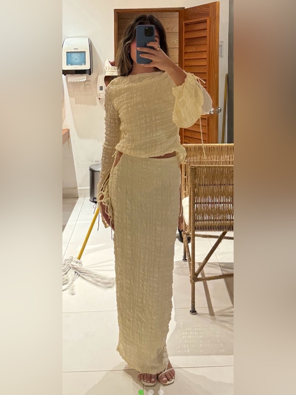 Textured Cream Maxi Skirt and Matching reversible shirt.
